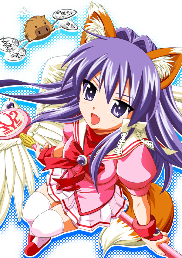 naka noboru, botan (clannad), fujibayashi kyou, clannad, bad id, bad pixiv id, 00s, animal ears, fang, fox ears, fox tail, long hair, magical girl, purple eyes, purple hair, solo, tail, thighhighs, wand, wings