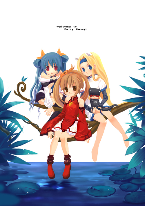milktea (aoiexk), dizzy (guilty gear), kuradoberi jam, millia rage, arc system works, guilty gear, guilty gear xx, archived source, commentary, commentary request, english commentary, korean commentary, photoshop (medium), 3girls, animal, animal ears, bare legs, bare shoulders, barefoot, black gloves, black thighhighs, blonde hair, blue eyes, blue hairband, branch, brown hair, brown ribbon, china dress, chinese clothes, closed mouth, collared dress, detached sleeves, dress, elbow gloves, extra ears, fingerless gloves, full body, gloves, hair intakes, hair rings, hair tubes, hairband, half updo, high collar, holding, holding animal, impossible hair, juliet sleeves, leaf, lily pad, long hair, long sleeves, looking at viewer, mandarin collar, miniskirt, multiple girls, open mouth, petticoat, pond, puffy sleeves, red eyes, red shoes, red sleeves, ribbon, shoe buckle, shoes, short dress, single hair ring, single hair tube, single sleeve past wrist, sitting on branch, skirt, sleeve ribbon, smile, solid eyes, straight hair, thighhighs, very long hair, water, wavy ends, white dress, white eyes, white skirt, white sleeves, wide sleeves, yellow ribbon