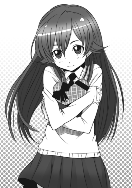 muraji, 1girl, chocolate, female focus, greyscale, heart, long hair, long sleeves, miniskirt, monochrome, necktie, pleated skirt, sidelocks, skirt, sleeves past wrists, smile, solo, standing, sweater, valentine
