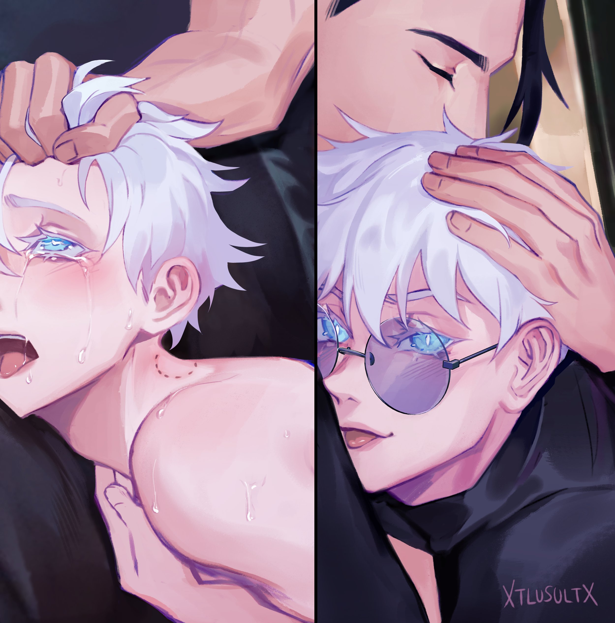 getou suguru, gojou satoru, jujutsu kaisen, absurdres, highres, 2boys, artist name, bite mark, bite mark on neck, black hair, blue eyes, crying, eyelashes, grabbing another's hair, holding another's hair, hug, looking at viewer, male focus, meme, multiple boys, nude, open mouth, round eyewear, short hair, sometimes like this/also like that (meme), sweat, tears, teeth, tongue, tongue out, upper teeth only, white hair, xtlusart, yaoi