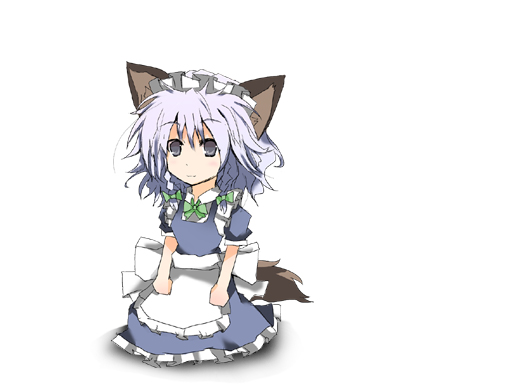 matsushita yuu, inu sakuya (nejikirio), izayoi sakuya, touhou, silver hair, bad id, bad pixiv id, 1girl, animal ears, apron, blue eyes, braid, dog ears, dog tail, dress, female focus, frills, hairband, kemonomimi mode, maid headdress, ribbon, short hair, solo, tail