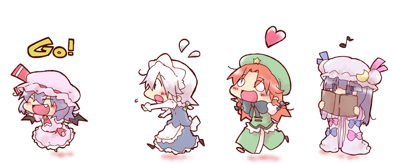 kasuga yuuki, wildrabbit, hong meiling, izayoi sakuya, patchouli knowledge, remilia scarlet, embodiment of scarlet devil, touhou, bad id, bad pixiv id, 4girls, book, chibi, female focus, hat, heart, mob cap, multiple girls, ribbon, running, white background