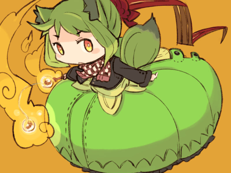 mota, 1girl, :<, animal ears, female focus, green hair, hair ribbon, ribbon, scarf, solo, tail, yellow eyes