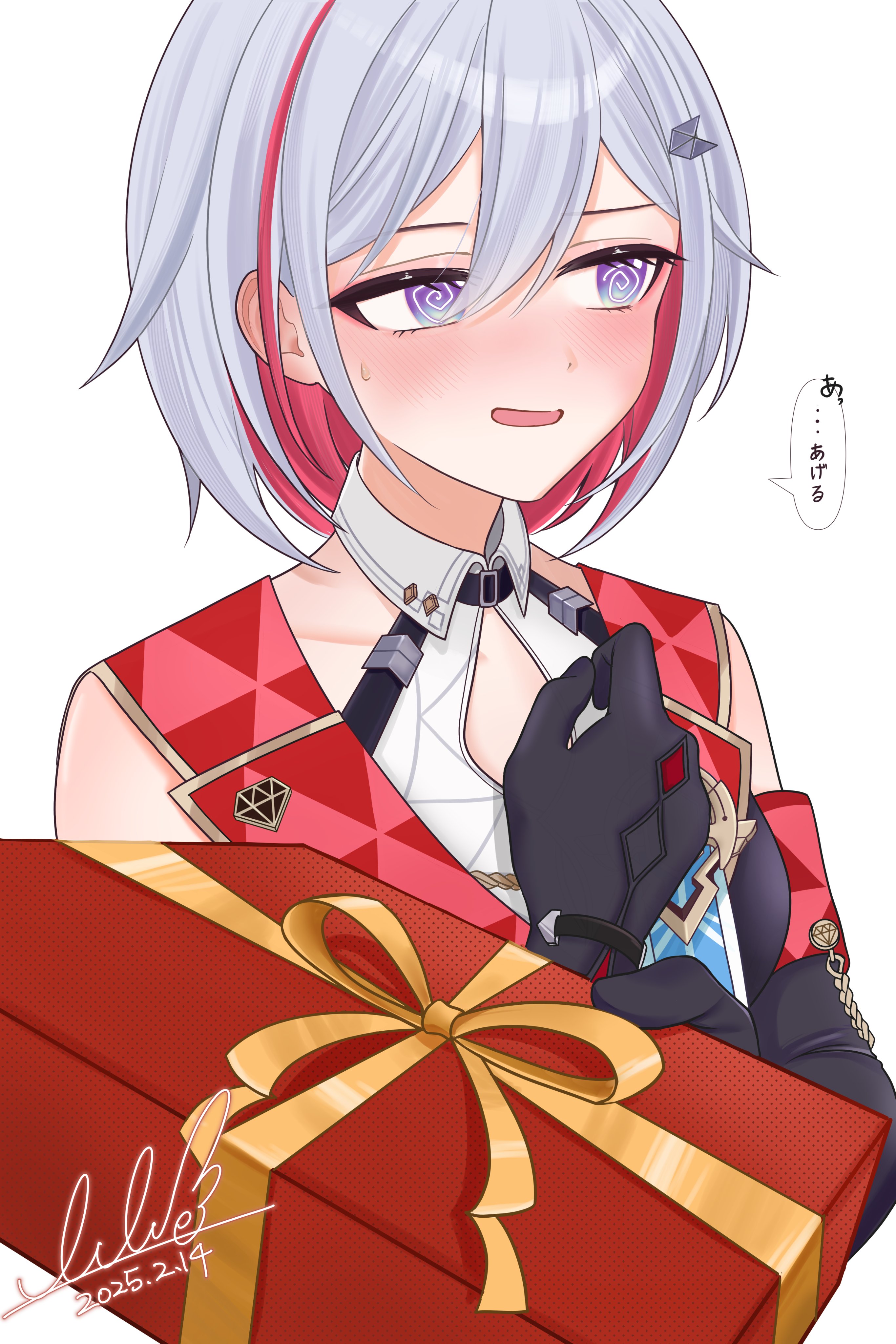 lilipon, topaz (honkai: star rail), honkai: star rail, honkai (series), absurdres, highres, 1girl, @ @, bare shoulders, black gloves, blue eyes, blush, box, box of chocolates, breasts, dated, detached sleeves, elbow gloves, gift, gloves, grey hair, multicolored eyes, open mouth, purple eyes, red hair, short hair, signature, solo, upper body, valentine