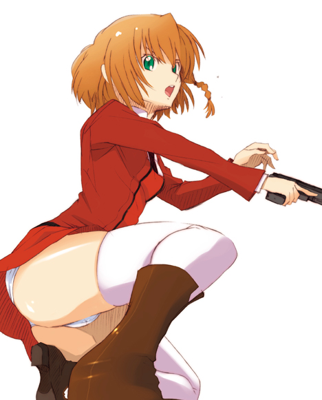 muraji, sumeragi aika, aika (series), aika r-16, 1990s (style), black necktie, blouse, boots, braid, brown boots, brown hair, green eyes, gun, high heel boots, high heels, necktie, panties, pantyshot, retro artstyle, shirt, side braid, single braid, solo, thighhighs, underwear, upskirt, weapon, white shirt, white thighhighs