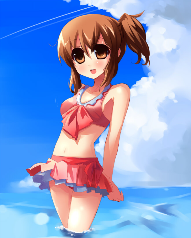 shin (new), hirasawa yui, k-on!, 00s, 1girl, :d, arms behind back, bikini, brown eyes, brown hair, cloud, day, female focus, navel, open mouth, ponytail, round teeth, short hair, sky, smile, solo, swimsuit, teeth, wading, water