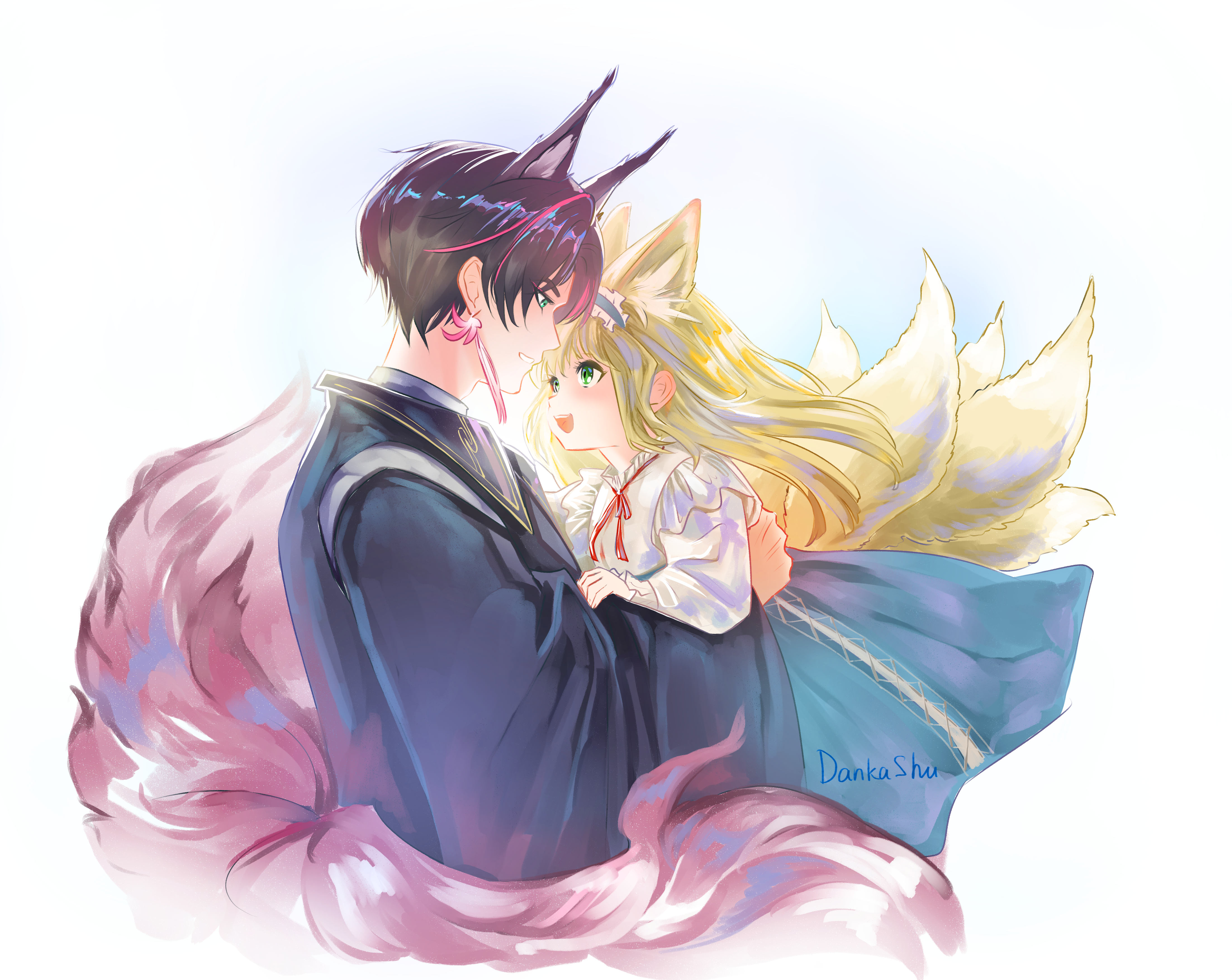 dankashu, suzuran's father (arknights), suzuran (arknights), suzuran (spring praise) (arknights), arknights, absurdres, commentary, english commentary, highres, 1boy, 1girl, animal ears, artist name, blonde hair, earrings, father and daughter, fox boy, fox ears, fox girl, fox tail, green eyes, jewelry, kitsune, kyuubi, long sleeves, multicolored hair, multiple tails, official alternate costume, signature, tail