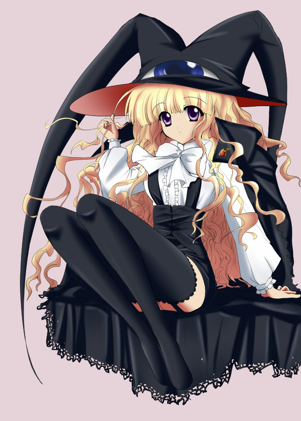 kagero (haruhi), lilith (yamibou), yami to boushi to hon no tabibito, colorized, 00s, 1girl, black thighhighs, blonde hair, feet, female focus, garter belt, garter straps, hat, legs, long hair, looking at viewer, pencil skirt, purple eyes, skirt, smile, solo, thighhighs, very long hair, witch hat, zettai ryouiki