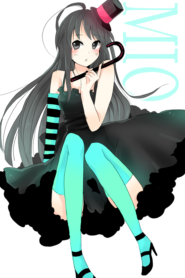 miyake achi, akiyama mio, don't say "lazy", k-on!, bad id, bad pixiv id, 00s, 1girl, black eyes, black hair, cane, dress, female focus, fingerless gloves, gloves, hat, long hair, mini hat, mini top hat, solo, thighhighs, top hat