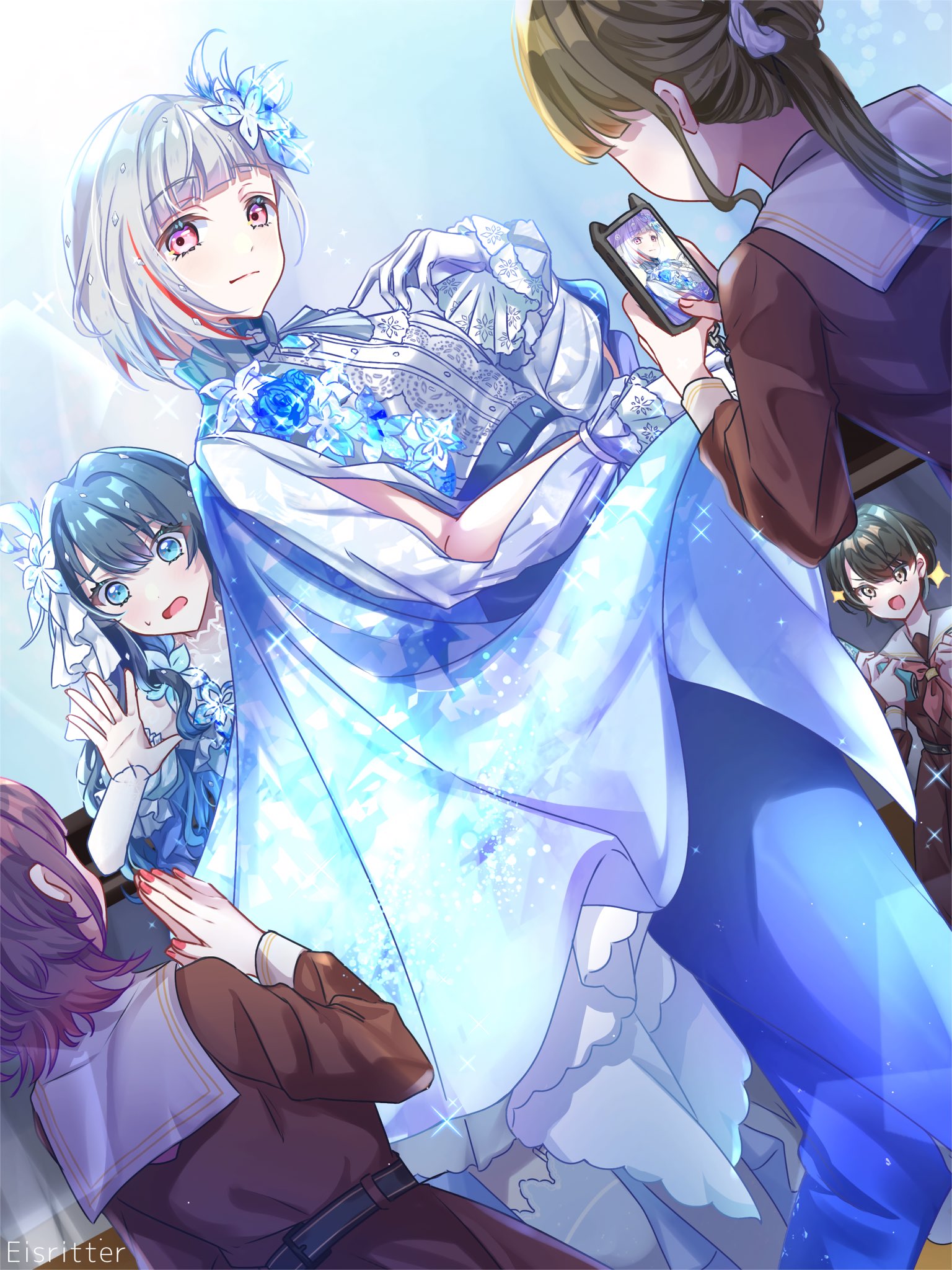 sakari (pear 8 ll), murano sayaka, murano sayaka (eisprinzessin), yugiri tsuzuri, link! like! love live!, love live!, commentary request, highres, 5girls, :d, blue cape, blue eyes, blue hair, blue skirt, blush, bob cut, brown dress, brown hair, cape, dress, flipped hair, flower, gloves, grey hair, hair flower, hair ornament, inverted bob, light smile, long hair, long skirt, long sleeves, looking at viewer, medium hair, multicolored hair, multiple girls, neckerchief, open hand, open mouth, pink eyes, ponytail, red hair, red neckerchief, sailor collar, sailor dress, shirt, skirt, smile, sparkle, split mouth, streaked hair, sweatdrop, virtual youtuber, white flower, white gloves, white sailor collar, white shirt, winter uniform, yugiri tsuzuri (eisritter)