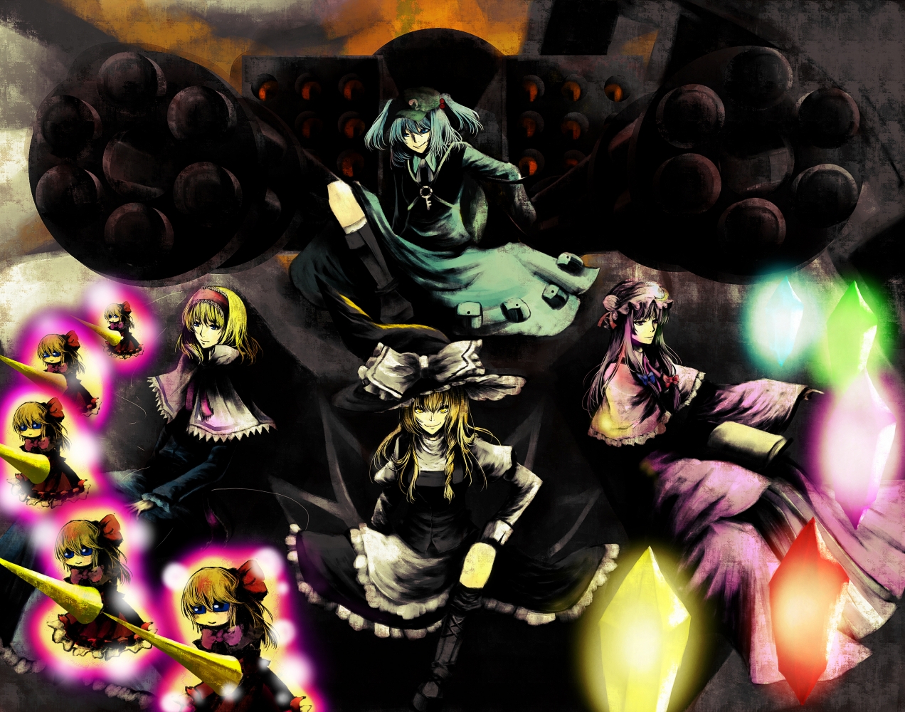 coli, collie, alice margatroid, kawashiro nitori, kirisame marisa, patchouli knowledge, shanghai doll, subterranean animism, touhou, bad id, bad pixiv id, 4girls, blonde hair, blue eyes, blue hair, book, braid, doll, female focus, hairband, hat, long hair, mecha, multiple girls, purple eyes, purple hair, ribbon, robot, short hair, twintails, witch, witch hat, yellow eyes