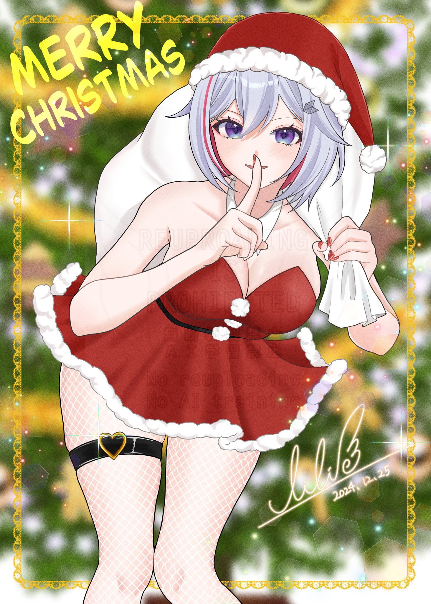 lilipon, topaz (honkai: star rail), honkai: star rail, honkai (series), highres, 1girl, bare shoulders, blue eyes, breasts, cleavage, dated, dress, finger to mouth, fishnet pantyhose, fishnets, grey hair, hat, heart, large breasts, looking at viewer, merry christmas, pantyhose, red hair, santa costume, santa dress, santa hat, short hair, signature, solo, thigh strap, watermark