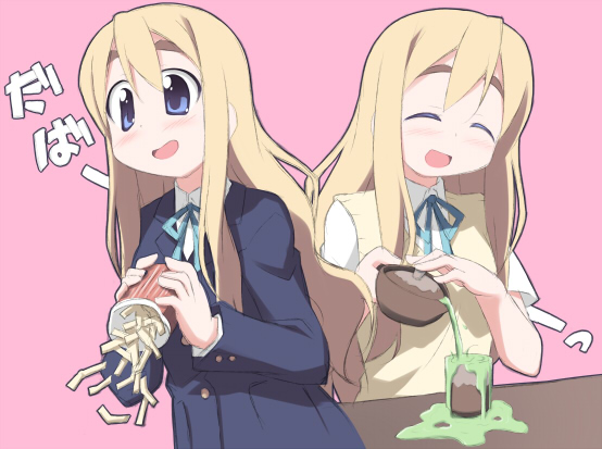 kagura yuuki, kotobuki tsumugi, k-on!, bad id, bad pixiv id, 00s, 1girl, blonde hair, blue eyes, closed eyes, female focus, food, french fries, long hair, overflowing, pouring, school uniform, solo, spill, tea