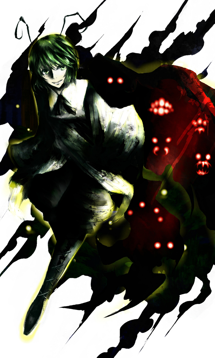 coli, collie, wriggle nightbug, touhou, bad id, bad pixiv id, highres, 1girl, androgynous, antennae, cape, female focus, glowing, glowing eyes, green hair, solo