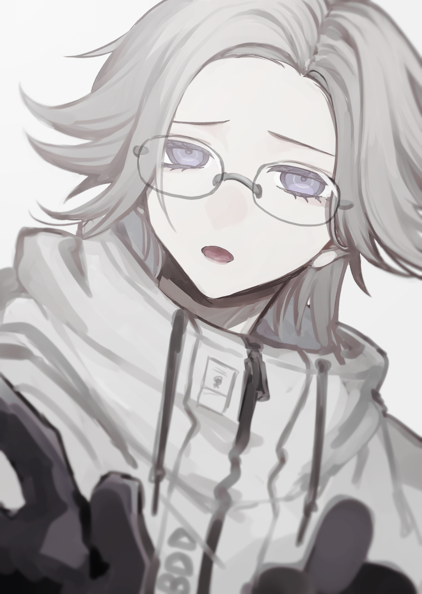 aotsuki eito, the hundred line -last defense academy-, highres, 1boy, :o, black gloves, front zipper, glasses, gloves, grey hair, grey theme, head tilt, high collar, jacket, looking at viewer, lower eyelashes only, medium hair, no nose, pale skin, portrait, purple eyes, raised inner eyebrows, solo, umeusagi7777, white background, white jacket