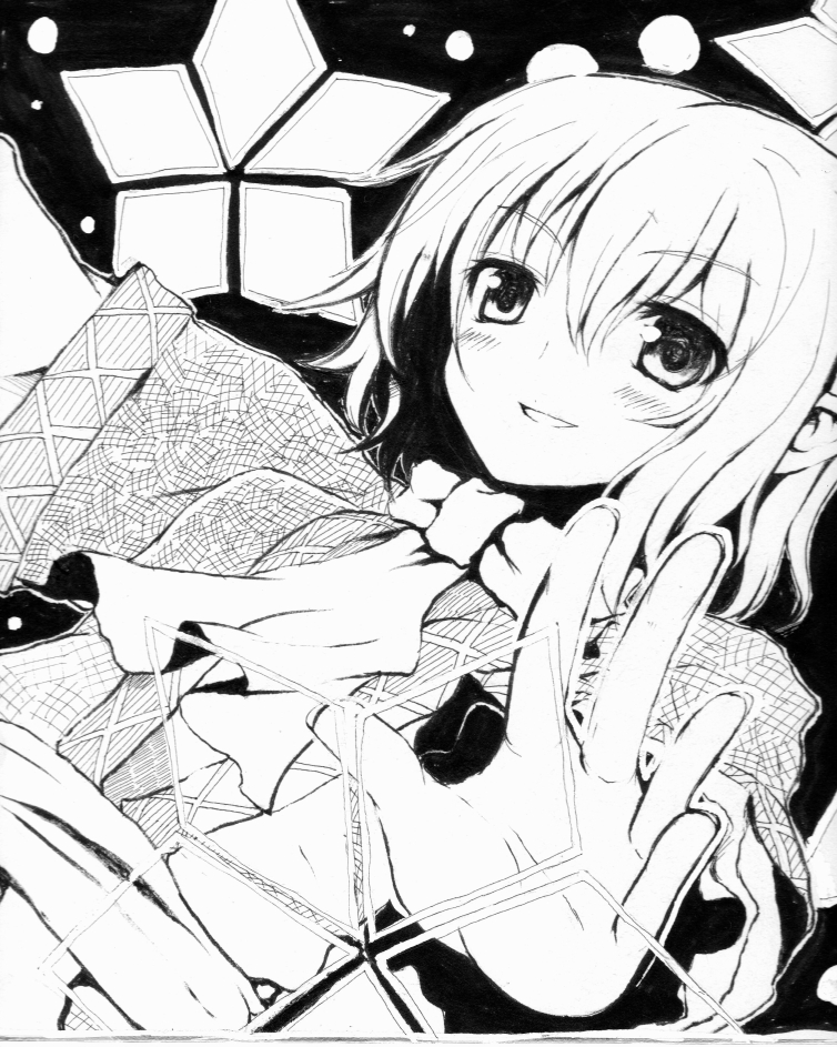 hiraga matsuri, hirasato, mizuhashi parsee, touhou, 1girl, danmaku, female focus, greyscale, monochrome, scarf, smile, solo