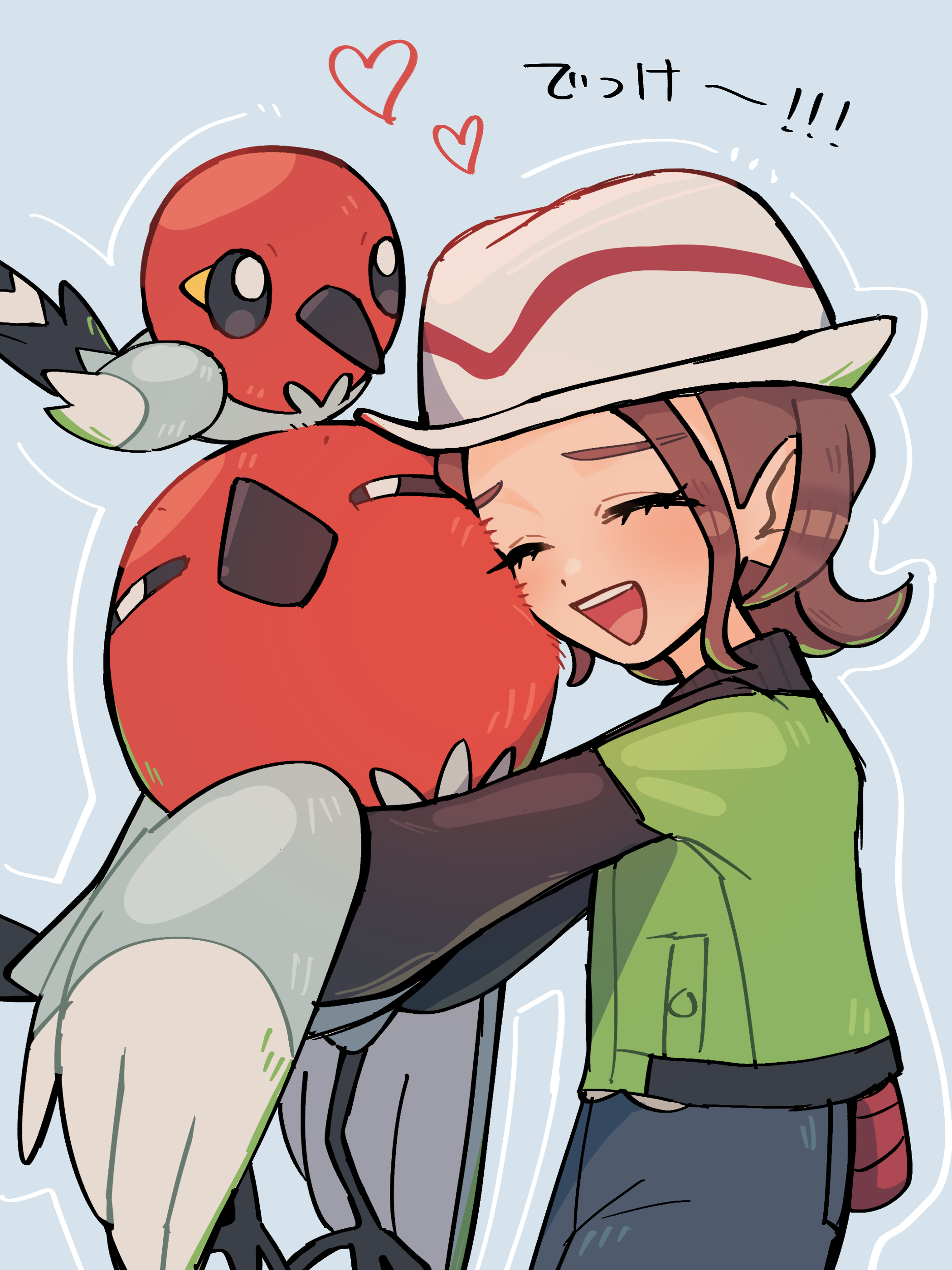 pitorigoto, fletchling, harmony (pokemon), nintendo, pokemon, pokemon legends: z-a, absurdres, commentary request, highres, translated, alpha pokemon, bird, blue pants, blush, brown hair, closed eyes, dot nose, eyelashes, gen 6 pokemon, green jacket, hat, heart, hug, jacket, narrowed eyes, on head, open mouth, pants, pokemon (creature), pokemon on head, short hair, simple background, smile, teeth, upper teeth only, white hat