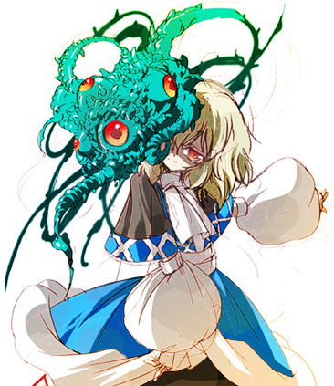 utataneuta, mizuhashi parsee, touhou, bad id, bad pixiv id, lowres, 1girl, blonde hair, female focus, monster, red eyes, short hair, simple background, skirt, smile, solo, standing, tentacles