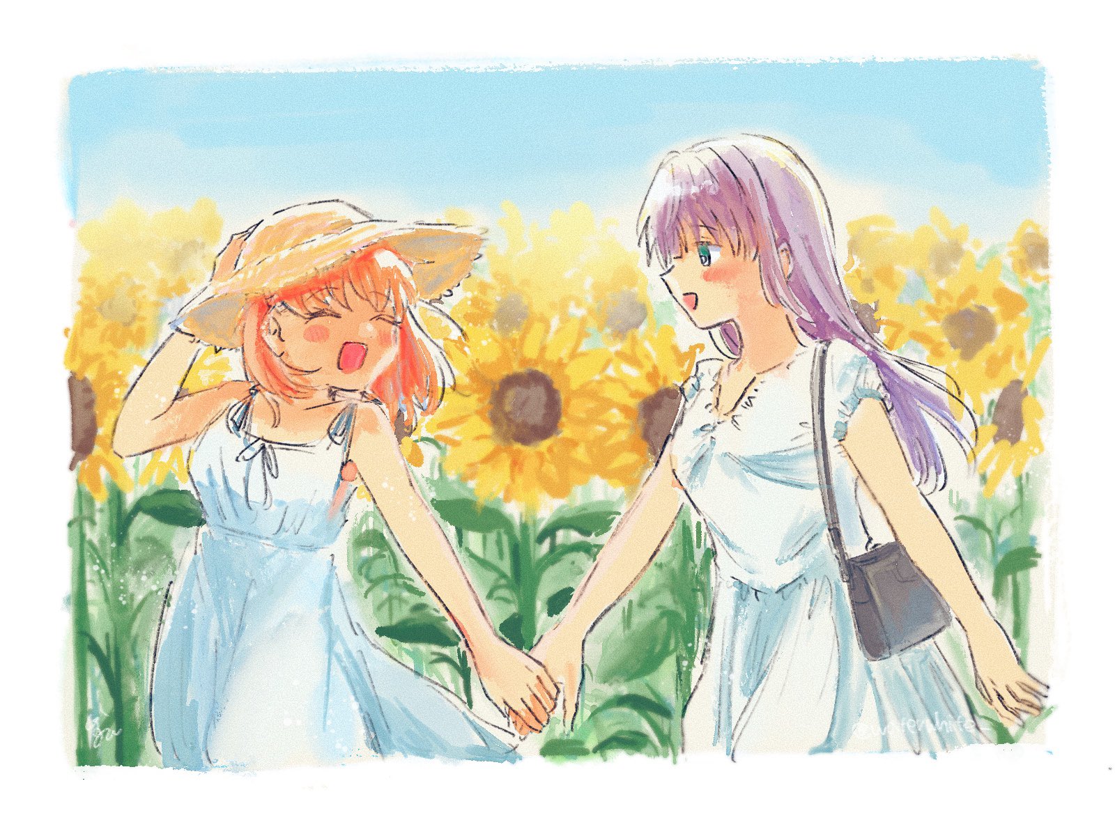 white (waterwhite), hinoshita kaho, otomune kozue, link! like! love live!, love live!, commentary, highres, 2girls, :d, ^ ^, bag, bare shoulders, black bag, blue sky, border, breasts, cerise bouquet, closed eyes, day, dress, field, flower, flower field, handbag, hat, holding hands, long hair, medium breasts, medium hair, multiple girls, open mouth, orange hair, outdoors, purple hair, short sleeves, sidelocks, sky, smile, straw hat, sun hat, sundress, sunflower, sunflower field, virtual youtuber, white border, white dress, yellow flower