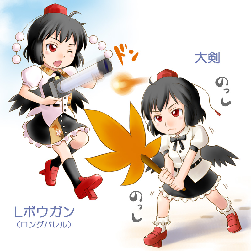 houman, shameimaru aya, touhou, 1girl, black hair, black wings, camera, female focus, geta, hand fan, hat, kneehighs, one eye closed, red eyes, short hair, socks, tengu-geta, tokin hat, wings, wink