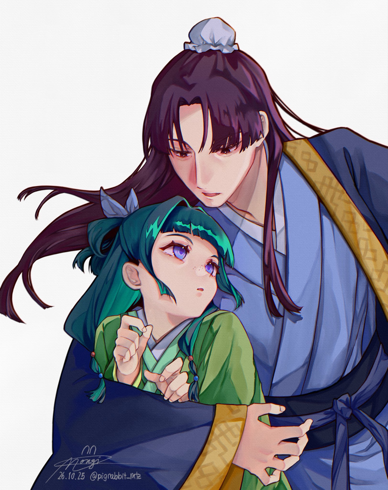 pigrabbit mtz, jinshi (kusuriya no hitorigoto), maomao (kusuriya no hitorigoto), kusuriya no hitorigoto, highres, 1boy, 1girl, arm around shoulder, beads, blue eyes, blue ribbon, blue robe, blunt bangs, bun cover, chinese clothes, couple, dated, freckles, green hair, green shirt, hair beads, hair bun, hair ornament, hair ribbon, hetero, long hair, parted bangs, parted lips, purple hair, ribbon, robe, shirt, sidelocks, signature, twitter username, upper body, white background