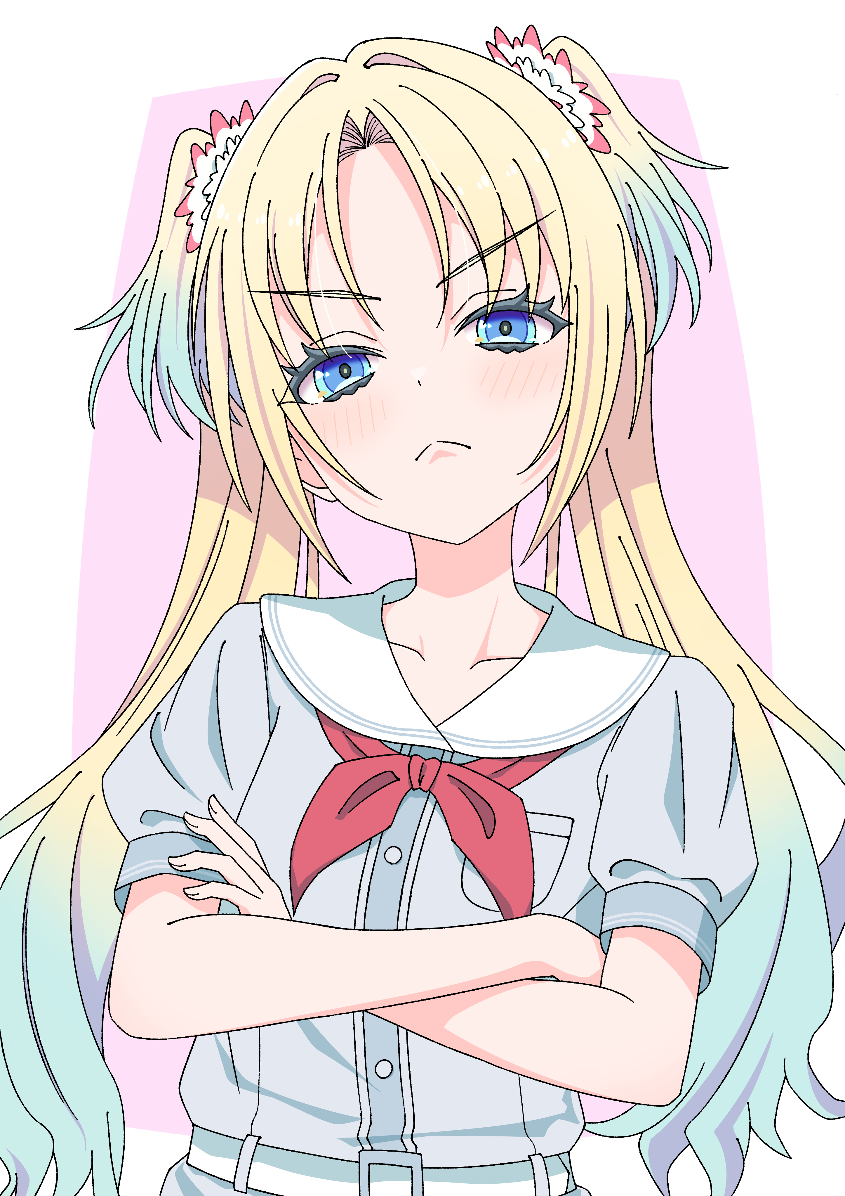 kara iroha, osawa rurino, link! like! love live!, love live!, absurdres, commentary request, highres, >:(, 1girl, blonde hair, blue dress, blue hair, blush, border, breast pocket, closed mouth, collarbone, crossed arms, curtained hair, dress, flower, frown, gradient hair, hair flower, hair ornament, hasu no sora school uniform, looking at viewer, multicolored hair, neckerchief, outside border, parted bangs, pink background, pink flower, pocket, puffy short sleeves, puffy sleeves, red neckerchief, sailor collar, sailor dress, school uniform, short sleeves, simple background, solo, split mouth, summer uniform, twintails, upper body, v-shaped eyebrows, virtual youtuber, white border, white sailor collar