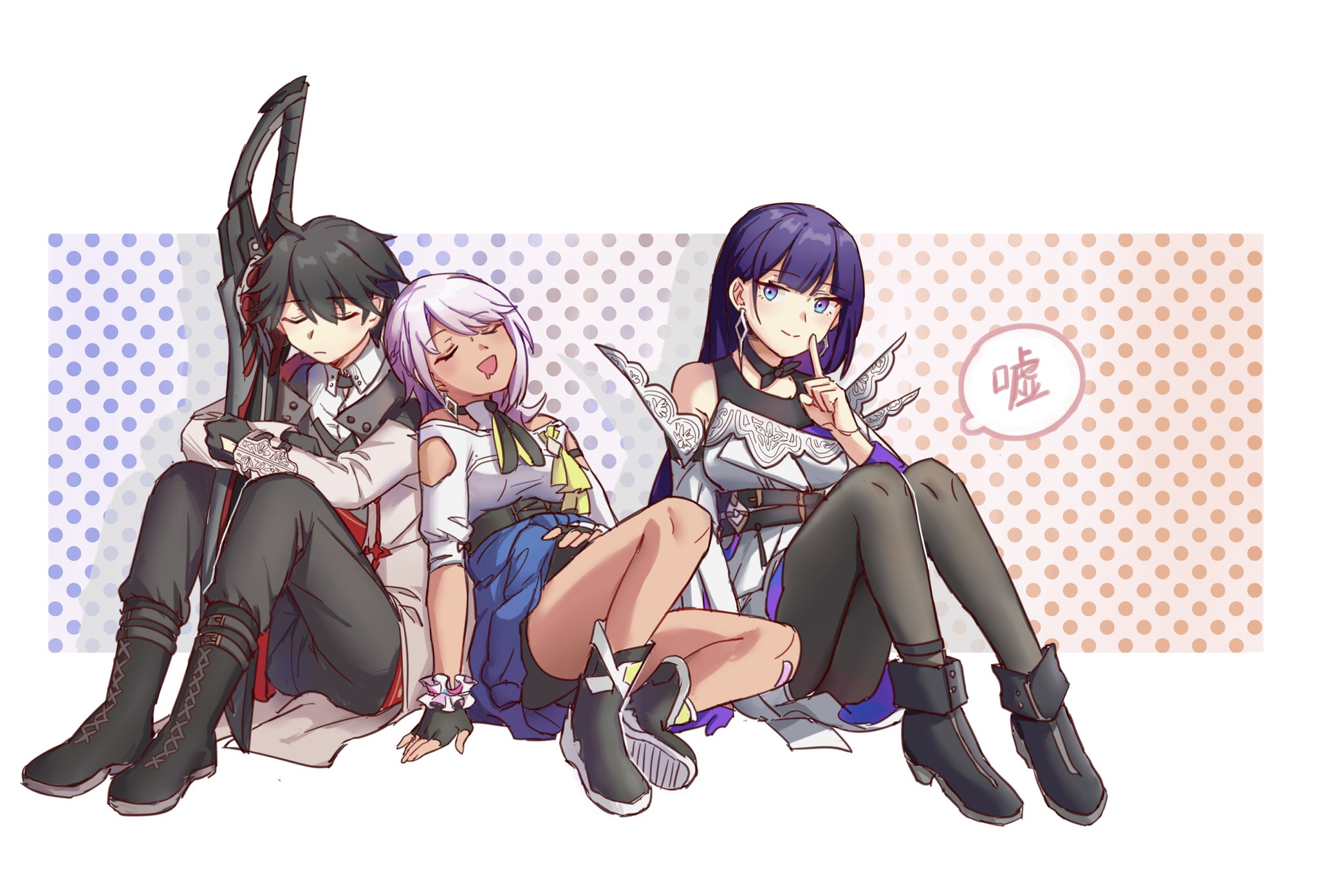 yuuz123, adam (honkai impact), carole peppers, raiden mei, raiden mei (apho), honkai (series), honkai impact 3rd, highres, 1boy, 2girls, bandaid, bandaid on knee, bandaid on leg, black gloves, black pantyhose, blue jacket, closed eyes, clothes around waist, coat, dark-skinned female, dark skin, earrings, fingerless gloves, full body, gloves, grey coat, holding, holding sword, holding weapon, jacket, jacket around waist, jewelry, long hair, looking at viewer, multiple girls, open mouth, pantyhose, purple eyes, purple hair, short hair, single earring, smile, sword, weapon, white hair, white jacket