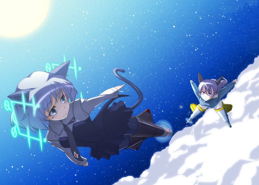 rison, eila ilmatar juutilainen, sanya v. litvyak, strike witches, world witches series, silver hair, 00s, 2girls, animal ears, black pantyhose, cat ears, cat tail, full moon, green eyes, hirschgeweih antennas, military, military uniform, moon, multiple girls, necktie, pantyhose, short hair, striker unit, tail