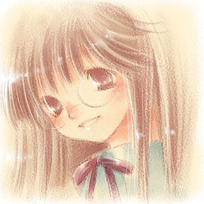 original, archived source, artist request, lowres, 1girl, blush, brown eyes, brown hair, close-up, glass, long hair, looking at viewer, loose hair strand, pale color, red ribbon, ribbon, rimless eyewear, round eyewear, smile, solo, straight hair, teeth, upper body