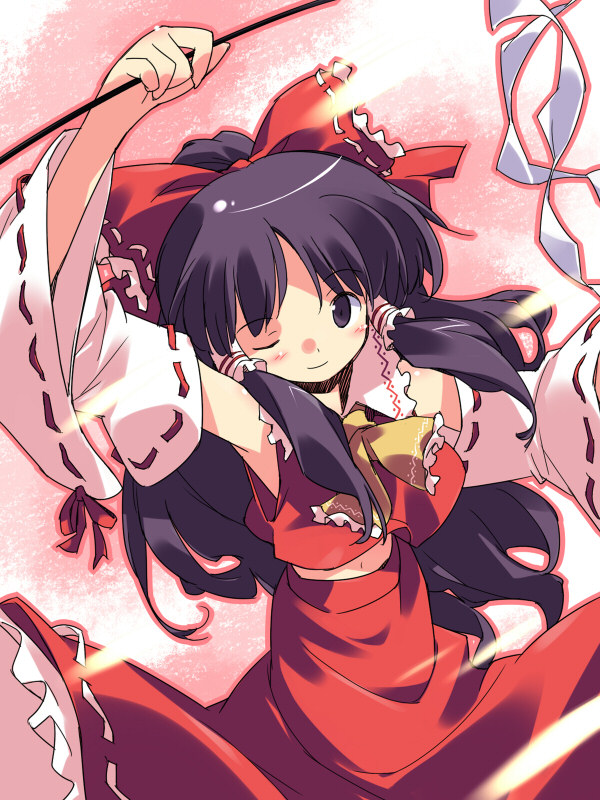 asoka, hakurei reimu, touhou, eyebrows, 1girl, ascot, bare shoulders, black eyes, black hair, bow, collar, detached sleeves, female focus, frilled bow, frills, gohei, hair bow, hair tubes, japanese clothes, long hair, midriff, miko, one eye closed, red bow, red ribbon, red shirt, red skirt, ribbon, ribbon-trimmed bow, ribbon-trimmed skirt, ribbon-trimmed sleeves, ribbon trim, shirt, short hair, skirt, solo, white collar, white ribbon, white sleeves, wide sleeves, wink, yellow ascot