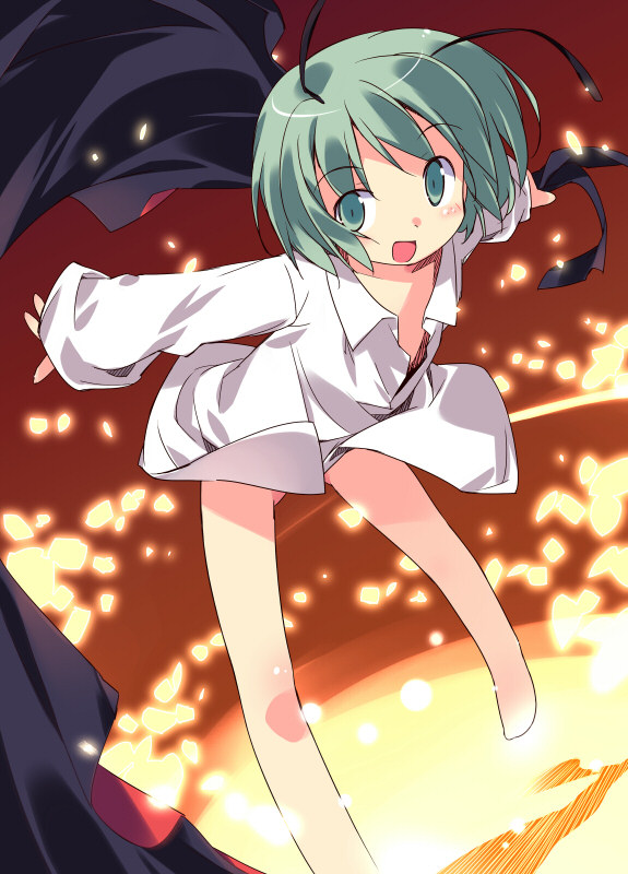 asoka, wriggle nightbug, touhou, 1girl, antennae, barefoot, bottomless, dress shirt, female focus, flat chest, green eyes, green hair, matching hair/eyes, naked shirt, open clothes, open mouth, open shirt, shirt, short hair, solo