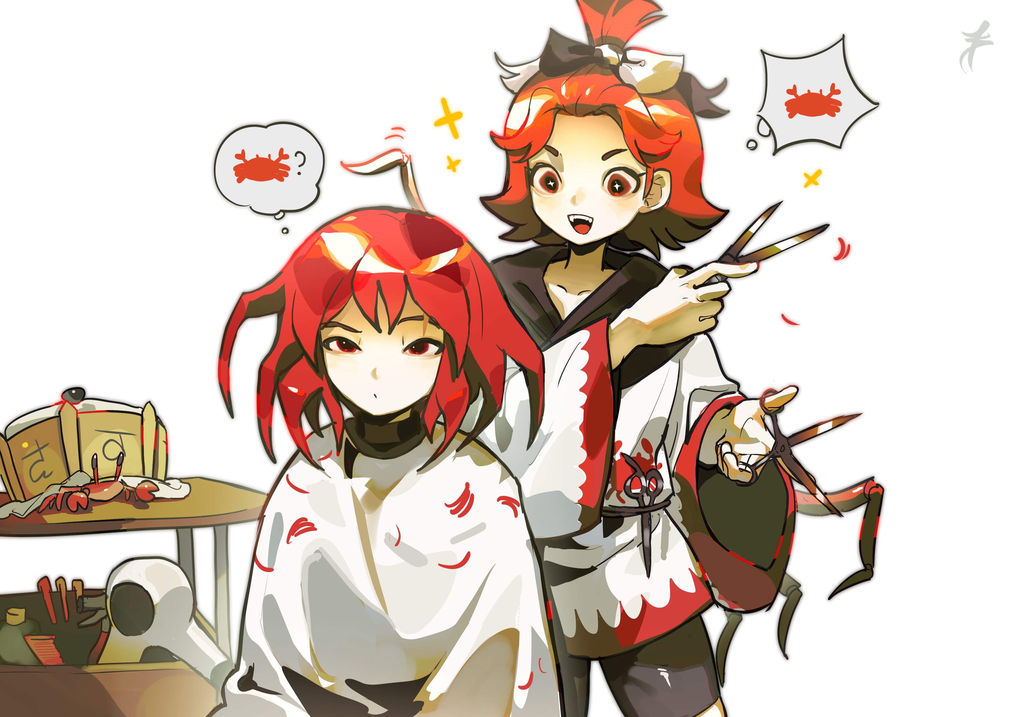 favnvs (s910a ib6), ooya kunimitsu, len'en, touhou, wonderful waking world, absurdres, commentary request, highres, 1girl, 1other, :o, ?, androgynous, bangs pinned back, black bow, black shirt, black shorts, bottle, bow, box, confused, cowboy shot, crab, crown, cutting hair, forehead, gold crown, hair bow, hair dryer, half-closed eyes, happy, heikegani serene, holding, holding scissors, japanese clothes, kimono, long sleeves, looking ahead, looking at another, medium hair, multiple others, open mouth, parted lips, red eyes, red hair, scar, scar across eyebrow, scar on face, scissors, shelf, shirt, short kimono, shorts, simple background, sitting, smile, sparkle, speech bubble, spoken animal, spoken question mark, standing, teeth, thought bubble, towel, turtleneck, turtleneck shirt, two-tone bow, unworn crown, unworn veil, upper teeth only, veil, white background, white bow, white kimono, white veil, wide sleeves