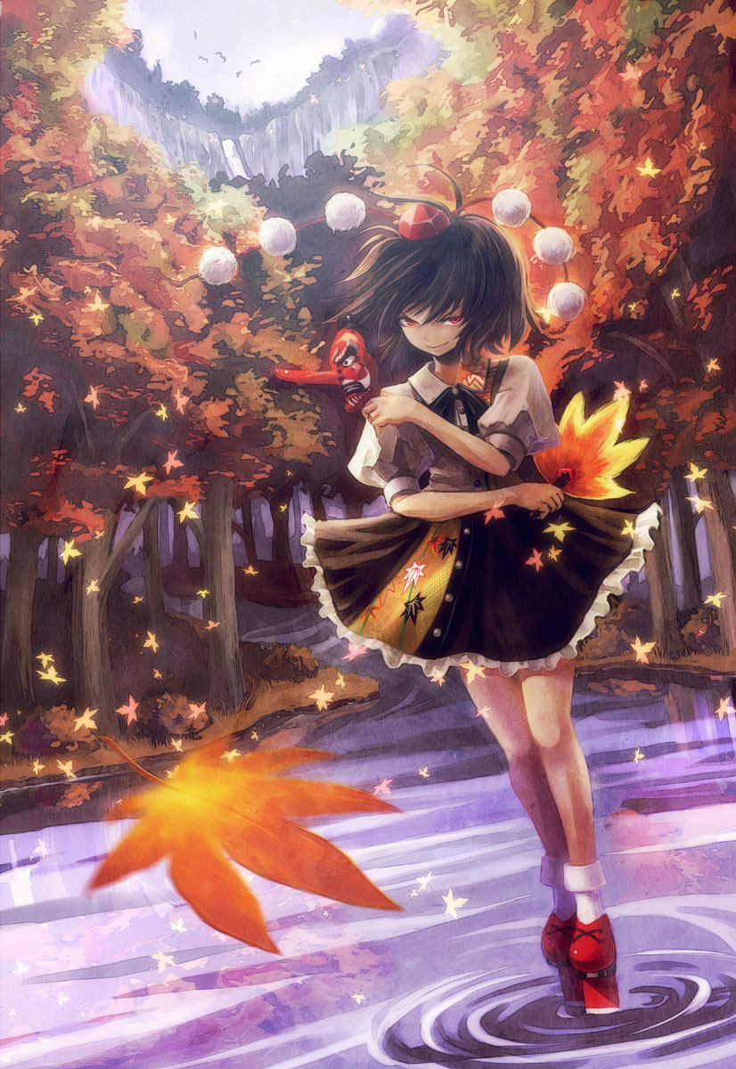 hyuuga azuri, shameimaru aya, touhou, highres, 1girl, autumn, black hair, female focus, forest, geta, hand fan, leaf, looking at viewer, mask, nature, red eyes, short hair, smirk, solo, tengu, tengu-geta, tengu mask, water