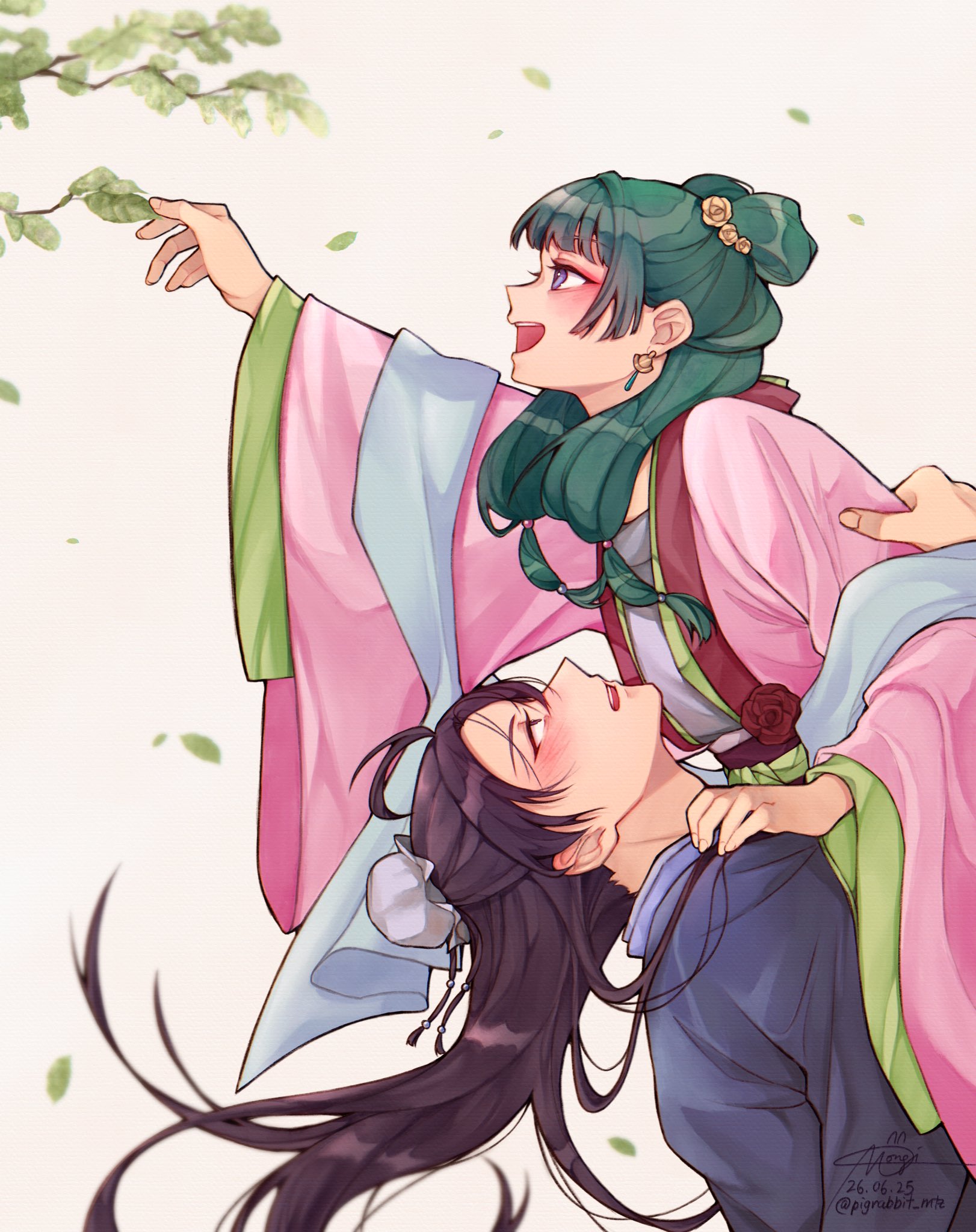pigrabbit mtz, jinshi (kusuriya no hitorigoto), maomao (kusuriya no hitorigoto), kusuriya no hitorigoto, highres, 1boy, 1girl, beads, black robe, blunt bangs, blush, bun cover, chinese clothes, couple, dated, double bun, earrings, falling leaves, flower, hair beads, hair bun, hair flower, hair ornament, half updo, hetero, jewelry, leaf, looking at another, open mouth, outstretched hand, parted lips, pink robe, robe, sidelocks, sign, smile, twitter username