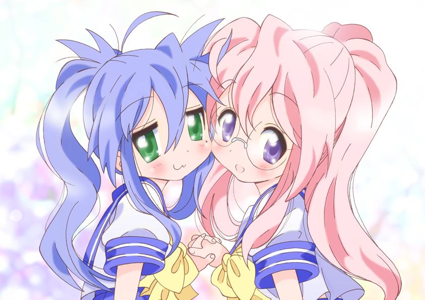 yamasaki wataru, izumi konata, takara miyuki, lucky star, 00s, 2girls, :3, ahoge, alternate hairstyle, blue hair, glasses, green eyes, holding hands, long hair, mole, mole under eye, multiple girls, pink hair, ponytail, purple eyes, school uniform, serafuku