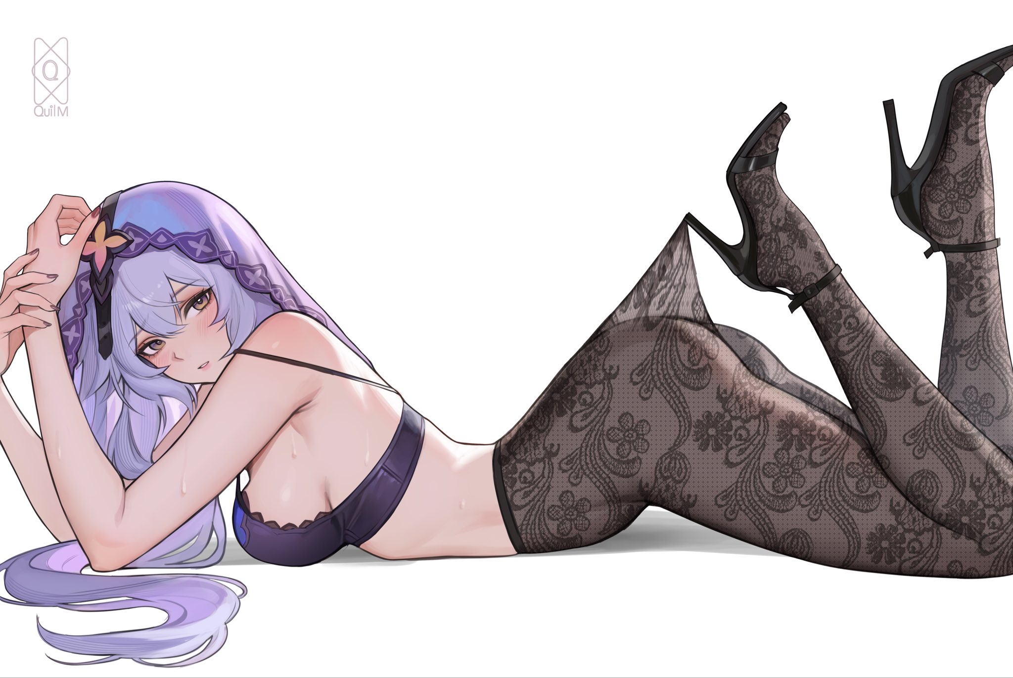quilm, black swan (honkai: star rail), honkai: star rail, honkai (series), highres, 1girl, black bra, black pantyhose, black shoes, bra, breasts, fishnet pantyhose, fishnets, high heels, large breasts, long hair, looking at viewer, lying, on stomach, pantyhose, pantyhose tug, parted lips, purple hair, purple veil, shoes, simple background, solo, the pose, underwear, veil, white background