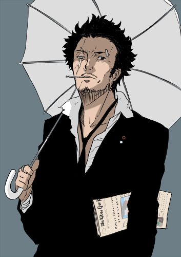 muraji, lowres, 1boy, cigarette, formal clothes, male focus, necktie, newspaper, scar, smoking, solo, suit, umbrella