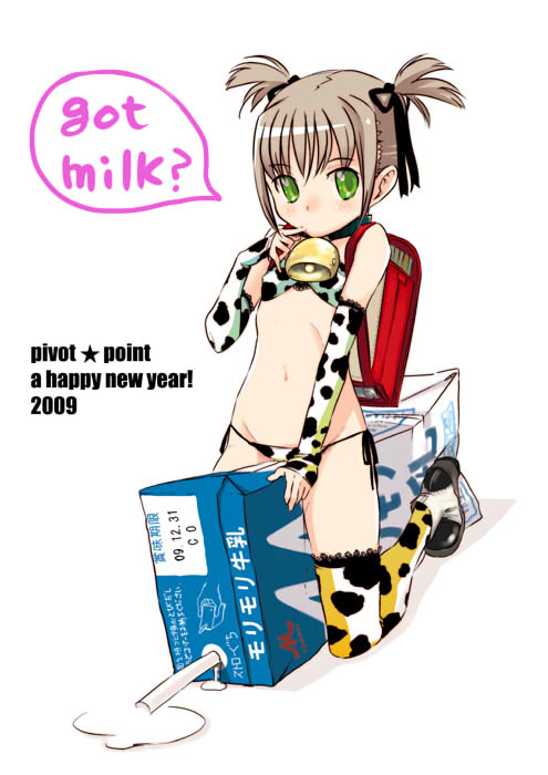 muraji, 00s, 1girl, 2009, animal print, backpack, bag, bell, bra, cow print, cowbell, drink, elbow gloves, female focus, flat chest, gloves, green eyes, lingerie, mini person, minigirl, new year, panties, randoseru, short hair, side-tie panties, solo, thighhighs, underwear, underwear only