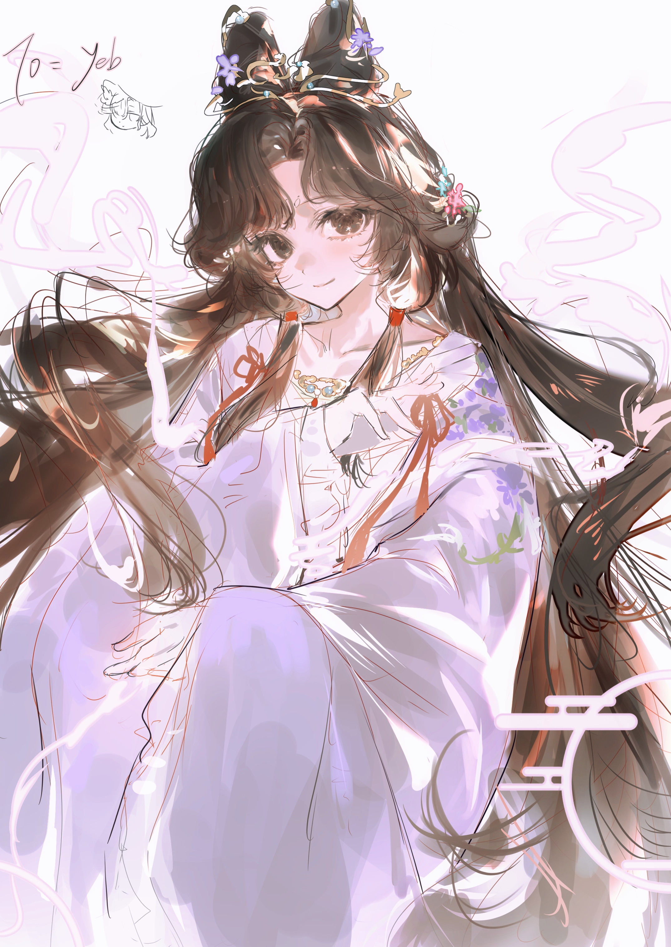 weiyan (nbnbmwnl), jiu niangzi, jiu niangzi (blossom spring fairy), reverse:1999, absurdres, highres, 1girl, black eyes, black hair, flower, hagoromo, hair bun, hair flower, hair ornament, hand up, long hair, looking at viewer, official alternate costume, pink flower, purple flower, purple hanfu, shawl, smile, solo, upper body, very long hair, white background, white shawl, wide sleeves