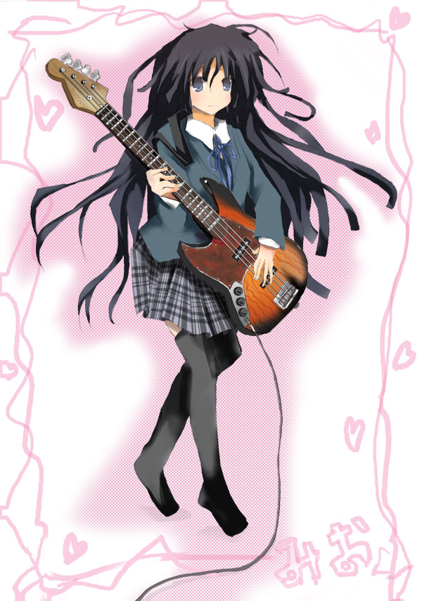 matsushita yuu, akiyama mio, k-on!, 00s, 1girl, bad anatomy, bass guitar, black hair, blazer, blue eyes, blunt bangs, female focus, hime cut, instrument, jacket, long hair, plaid clothes, plaid skirt, poorly drawn, ribbon, school uniform, skirt, smile, solo, standing, thighhighs, very long hair