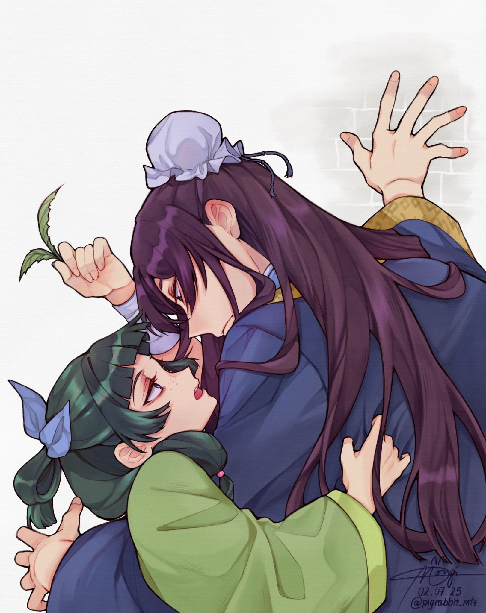 pigrabbit mtz, jinshi (kusuriya no hitorigoto), maomao (kusuriya no hitorigoto), kusuriya no hitorigoto, highres, 1boy, 1girl, bandaged wrist, bandages, beads, blue eyes, blue ribbon, blue robe, blunt bangs, bun cover, chinese clothes, dated, freckles, frown, green hair, green shirt, hair beads, hair bun, hair ornament, hair ribbon, half updo, holding, holding leaf, leaf, long hair, looking at another, open mouth, purple hair, ribbon, robe, shirt, sidelocks, signature, twitter username, upper body