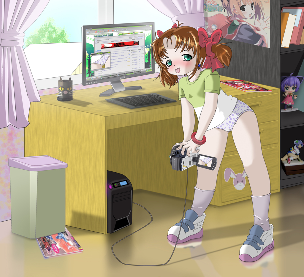 1girl, bad anatomy, blush, bottomless, brown hair, camcorder, camera, computer, computer keyboard, desk, female focus, livestream, loli, monitor, panties, poorly drawn, recording, shoes, short twintails, sneakers, socks, solo, tongue, twintails, underwear, video camera
