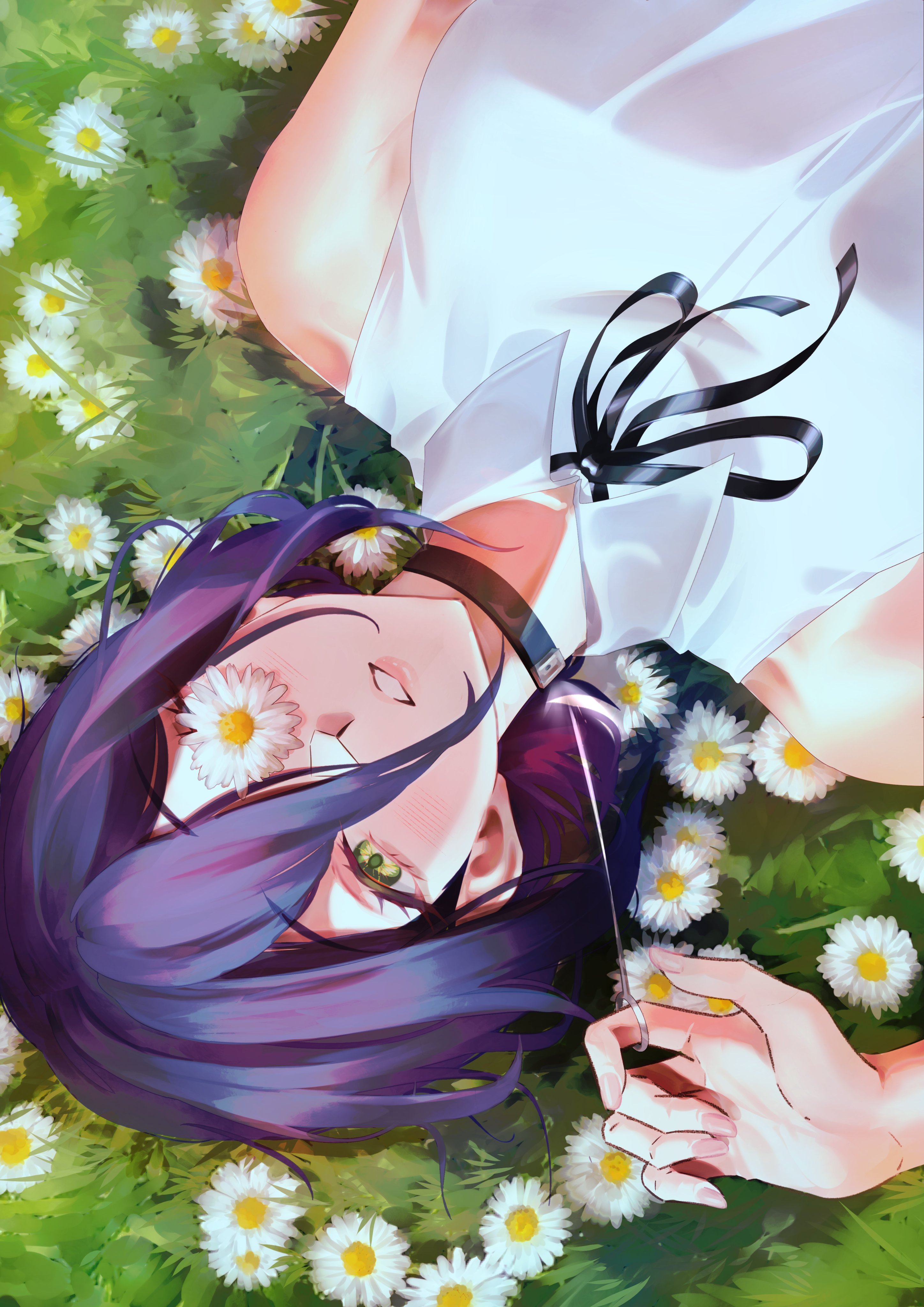 meisaki, reze (chainsaw man), chainsaw man, absurdres, highres, 1girl, black choker, black ribbon, choker, flower, flower over eye, grass, green eyes, hair between eyes, looking at viewer, lying, neck ribbon, on back, outdoors, pull cord, purple hair, ribbon, shirt, sleeveless, sleeveless shirt, solo, white flower, white shirt
