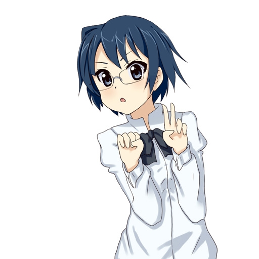 hakamichi shizune, manabe nodoka, k-on!, katawa shoujo, 1girl, blue eyes, blue hair, bow, female focus, glasses, matching hair/eyes, parody, school uniform, sign language, simple background, solo, style parody, white background