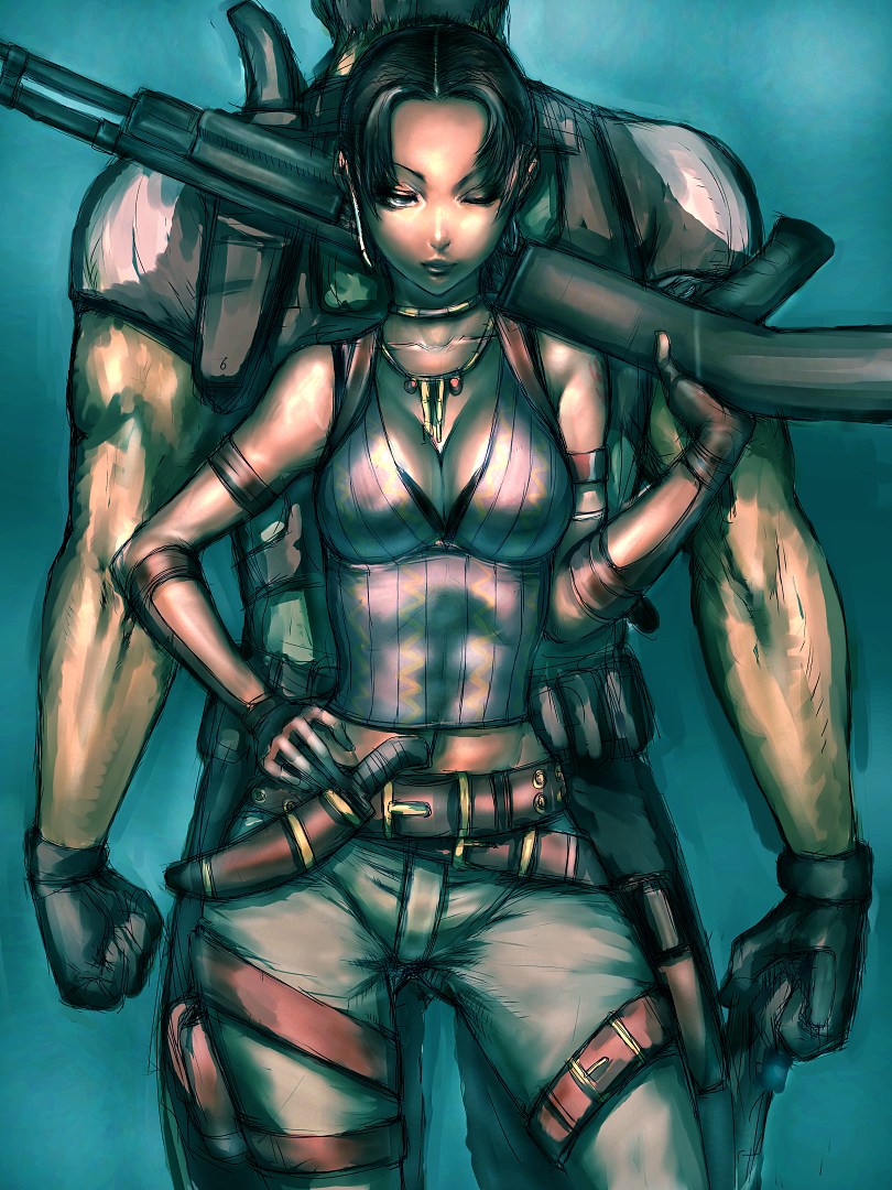 fumio (rsqkr), chris redfield, sheva alomar, capcom, resident evil, resident evil 5, 1boy, 1girl, back-to-back, breasts, cleavage, dark skin, gloves, gun, jewelry, knife, necklace, one eye closed, sheath, sheathed, shotgun, thigh strap, weapon, wink
