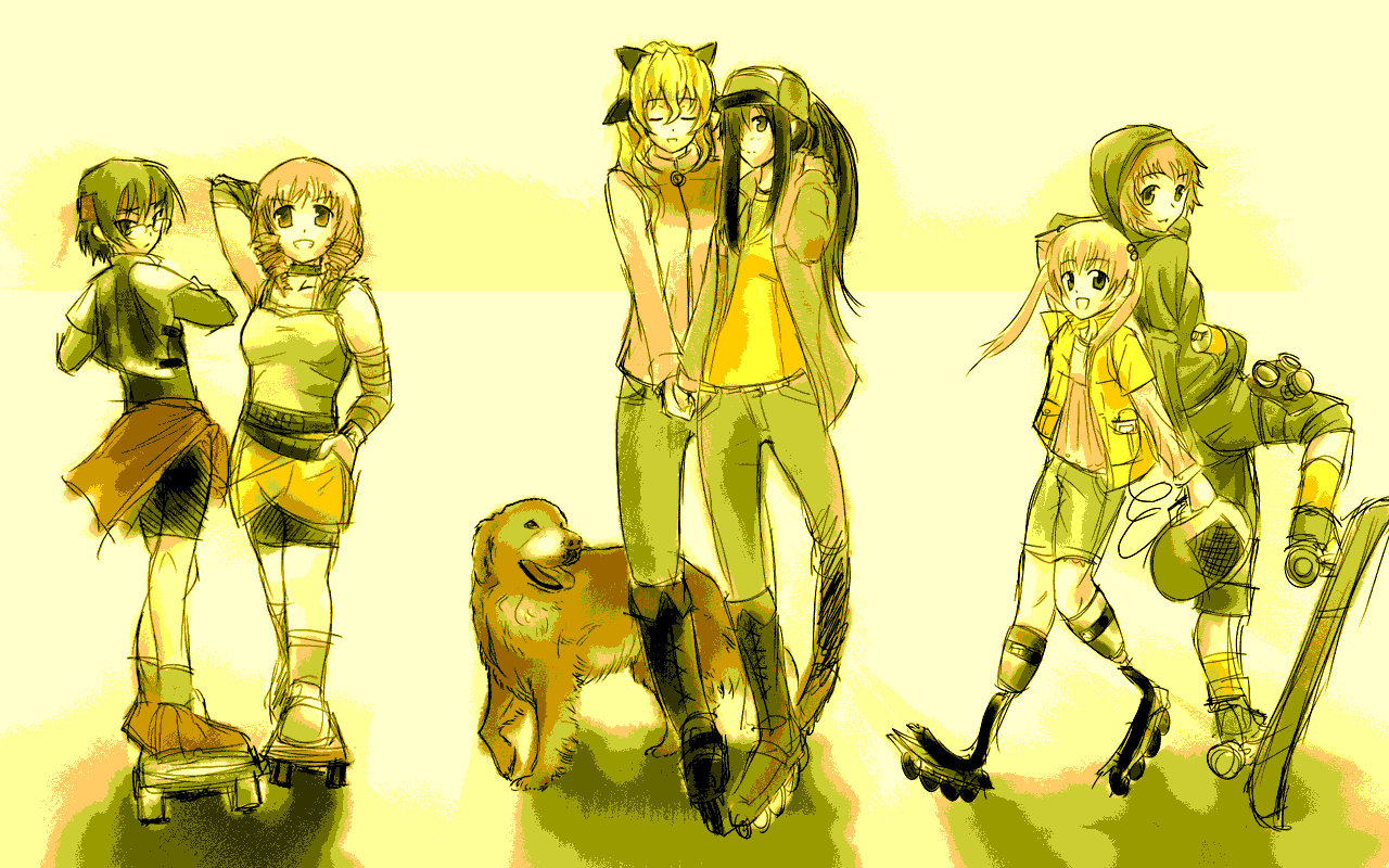 raide, hakamichi shizune, ibarazaki emi, ikezawa hanako, mikado shiina, niji (katawa shoujo), satou lilly, tezuka rin, katawa shoujo, 10s, 6+girls, alternate hairstyle, amputee, armless amputee, bike shorts, black hair, blind, blonde hair, brown hair, casual, closed eyes, dog, double amputee, drill hair, gas mask, glasses, hair over one eye, hand in pocket, hat, headband, holding, holding hands, hood, hooded jacket, inline skates, jacket, legless amputee, mask, multiple girls, open mouth, pink hair, ponytail, prosthesis, ribbon, roller skates, shorts, skateboard, skates, sketch, twin drills, twintails