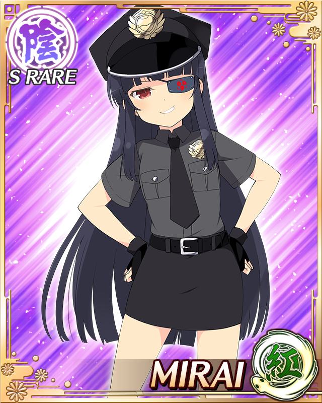 mirai (senran kagura), senran kagura, senran kagura new wave, game cg, non-web source, official art, 1girl, belt, black belt, black hair, black necktie, black shirt, blunt bangs, border, card (medium), clenched teeth, eyepatch, fingerless gloves, flat chest, gloves, hands on own hips, hat, long hair, mitsudomoe (shape), necktie, pencil skirt, police, police hat, police uniform, policewoman, red eyes, shirt, skirt, smile, solo, teeth, tomoe (symbol)