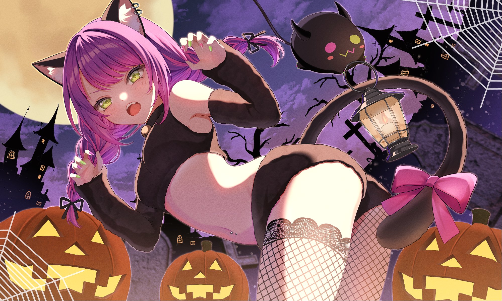 nametakeko, tokoyami towa, hololive, highres, 1girl, animal ears, blush, cat ears, cat girl, cat tail, full moon, halloween, halloween costume, jack-o'-lantern, moon, night, silk, spider web, tail