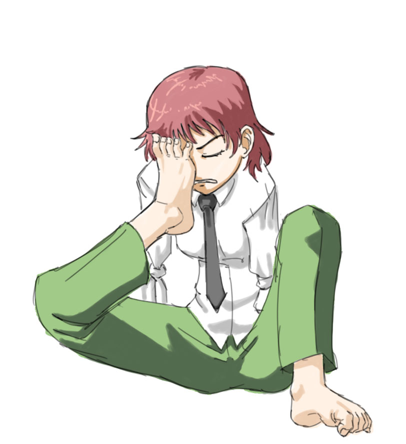 tezuka rin, katawa shoujo, 1girl, amputee, annoyed, armless amputee, barefoot, closed eyes, double amputee, facepalm, feet, female focus, flexible, full body, necktie, parody, pink hair, school uniform, short hair, simple background, solo, toe scrunch, toes, tomboy, white background