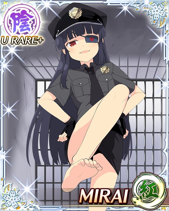 mirai (senran kagura), senran kagura, senran kagura new wave, game cg, non-web source, official art, 1girl, barefoot, belt, black belt, black hair, black necktie, black shirt, blunt bangs, border, card (medium), eyepatch, fingerless gloves, flat chest, gloves, hands on own hips, hat, long hair, looking at viewer, looking down, mitsudomoe (shape), necktie, open mouth, pencil skirt, police, police hat, police uniform, policewoman, presenting foot, prison cell, red eyes, shirt, skirt, smile, solo, tomoe (symbol)